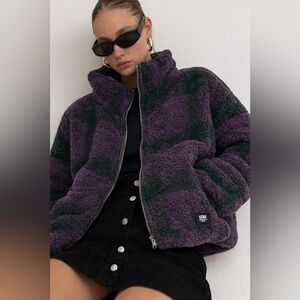 VANS Foundry Plaid Sherpa Puffer Jacket Purple Green Womens M NWT